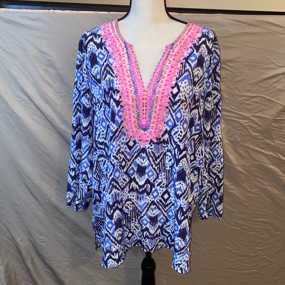 Lilly Pulitzer Renato Tunic 100% Silk in Multi Oh My Cod Print Women’s Size XL